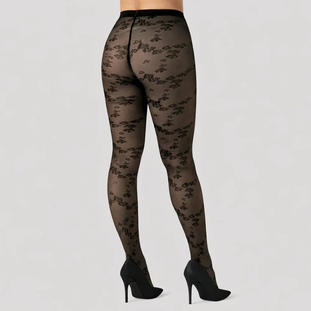 Wolford FloreT Tights Floral Pattern Sheer Opaque 20‎ Denier BLACK Size S